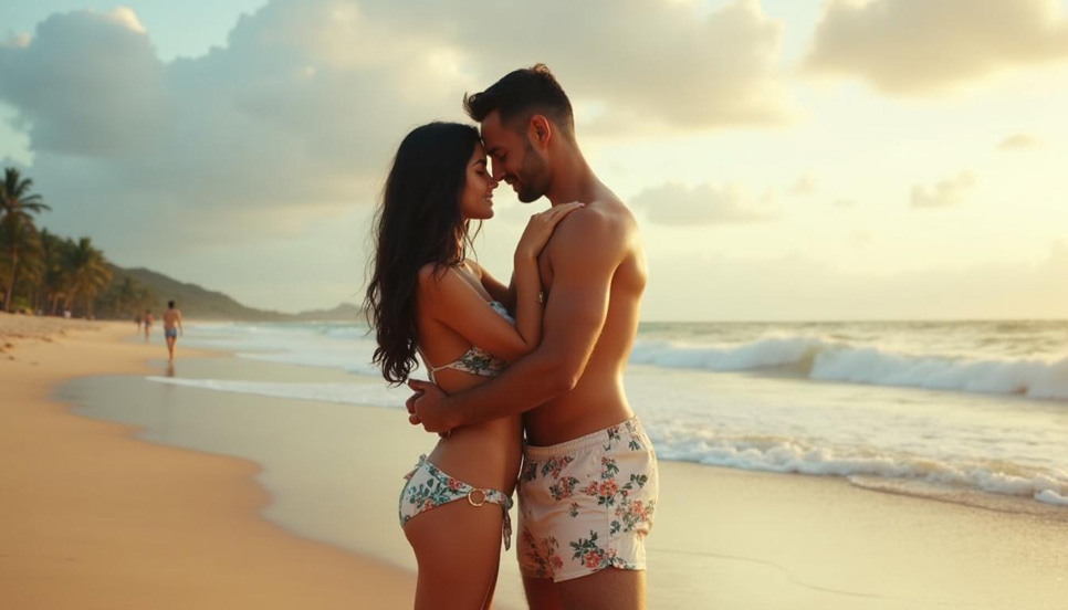 Coppia in viaggio romantico su una spiaggia esotica