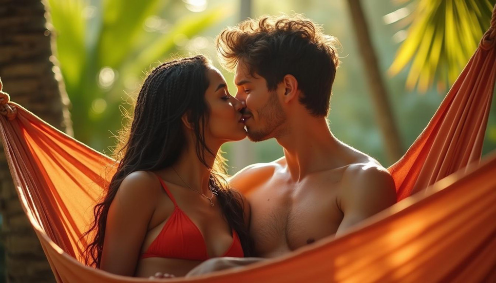 Coppia in vacanza che vive momenti di intimità romantica ed erotica