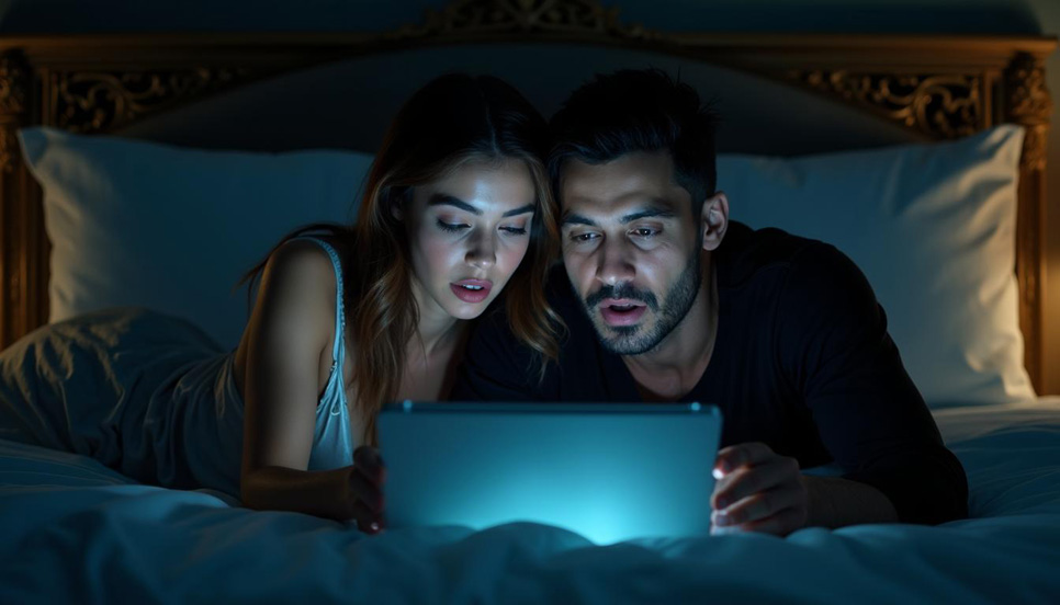 Coppia a letto che guarda un tablet con espressione riflessiva