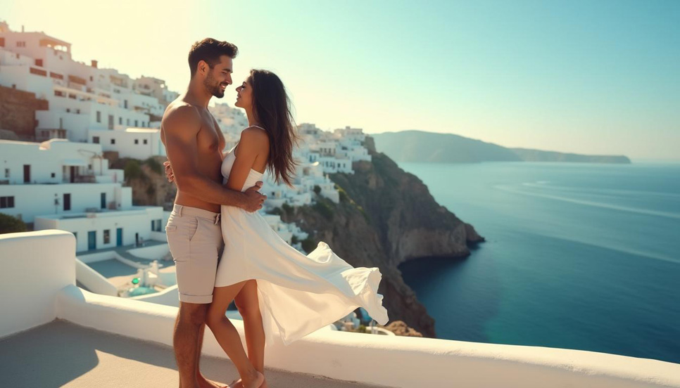 Coppia in viaggio romantico con sfondo mediterraneo