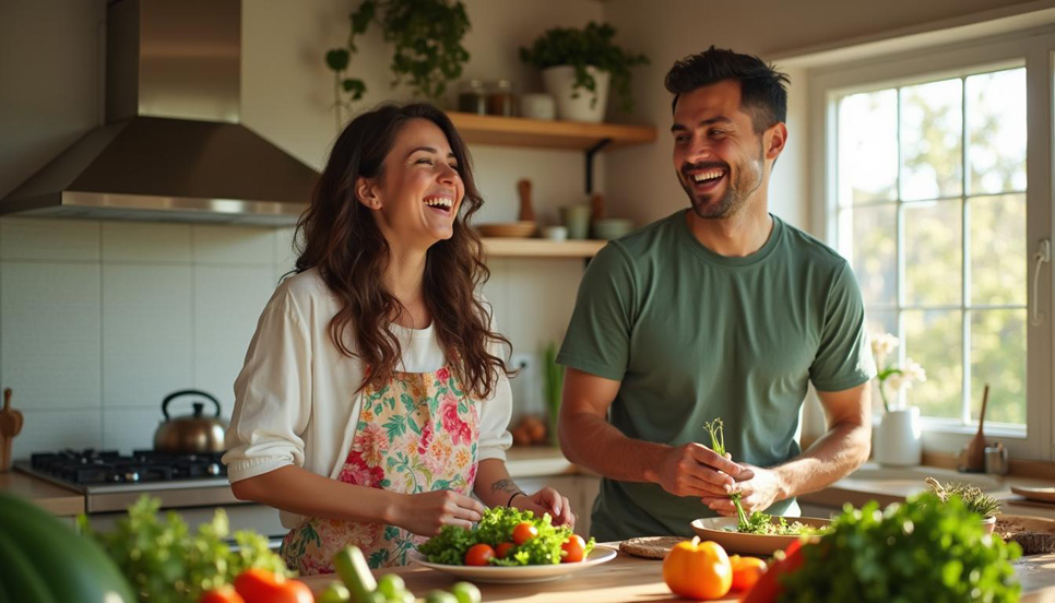Coppia che prepara un pasto sano insieme e sorride