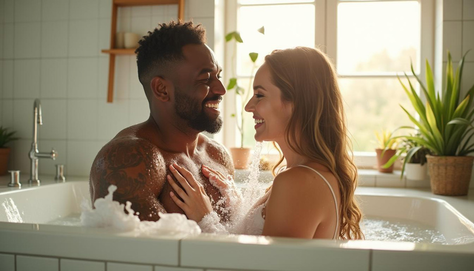 Coppia felice che cura la propria igiene intima quotidiana