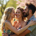 Gruppo poliamoroso che si abbraccia serenamente